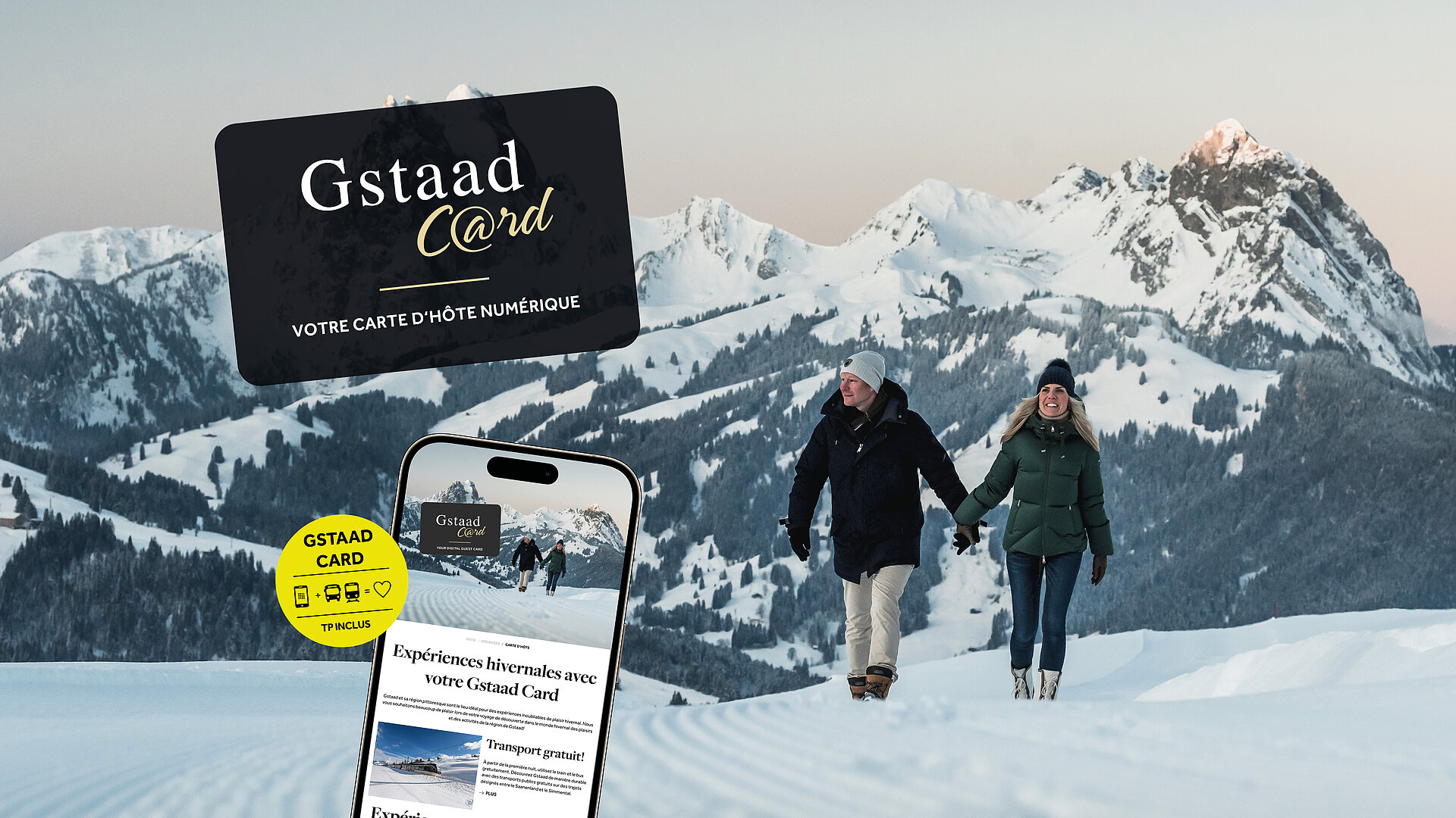 Ein Paar spaziert über schneebedeckten Winterwanderweg. Im Hintergrund verschneites Bergpanorama. Links ein Werbebanner für die Gstaad Card.