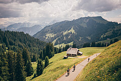 Drei Radsportler fahren vom Mittelbergpass auf der schmalen Strasse ins Grischbachtal. Im Hintergrund sieht man Bergpanorama und viele Wolken.