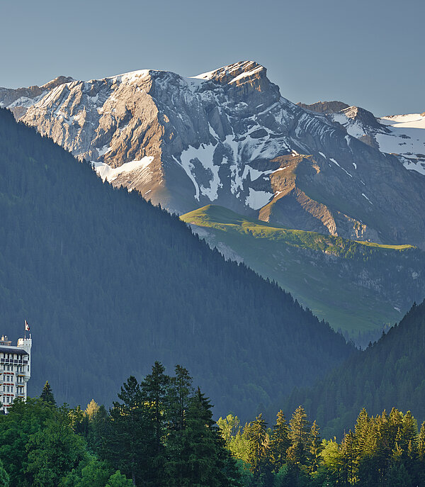 L'hôtel Gstaad Palace est construit comme un château et surplombe la forêt. En arrière-plan, on voit des montagnes enneigées éclairées par le soleil du matin.