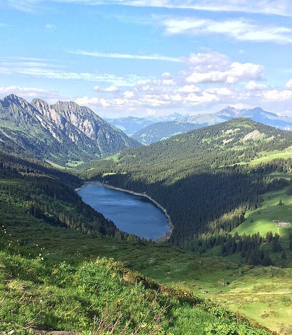 Von einer grasbewachsenen Bergspitzen sieht man tief im Tal einen blauschimmernden Bergsee. Rund herum hat es grüne Weiden und Wald. Hinter dem See ragen drei felsige Berge in den Himmel. Der Himmel ist hellblau mit weissen Wolken.