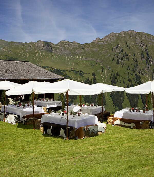 Eine Gruppe von Tischen mit weissen Tüchern und Sonnenschirmen auf einer Wiese, eine Bergkette vor blauem Himmel.