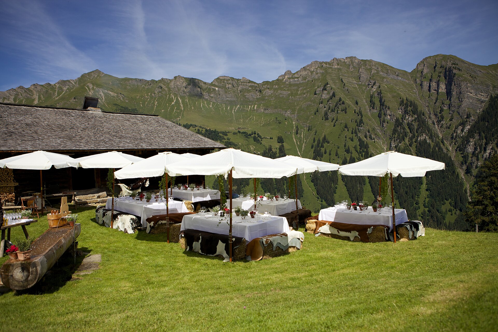 Eine Gruppe von Tischen mit weissen Tüchern und Sonnenschirmen auf einer Wiese, eine Bergkette vor blauem Himmel.