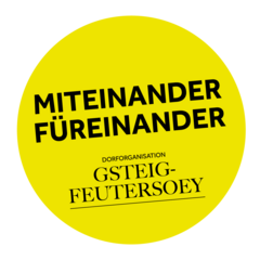Gelbes, rundes Logo mit schwarzer Schrift. Oben steht in Grossbuchstaben «Miteinander – Füreinander». Darunter in kleinerer Schrift «Dorforganisation Gsteig-Feutersoey», unterstrichen von einer horizontalen Linie.