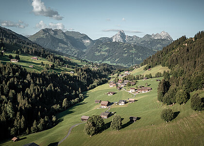 Der Blick ist etwas erhöht aus dem Turbachtal Richtung Gstaad - talauswärts. Im Tal sind Chalets und kleine Scheunen verteilt, rechts und links sind die Bergflanken mit Wald bedeckt. Zuhinterst sind felsige Gipfel zu sehen.